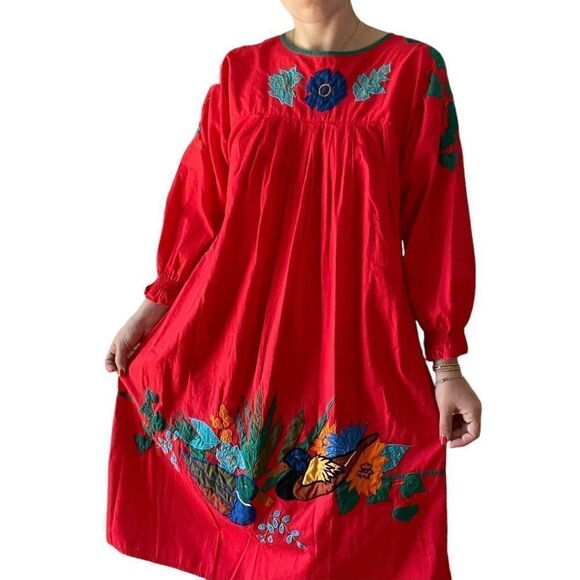 Vintage 1970s Womens Saybury Red Floral Duck Embroidered Cottagecore Dress Sz M - Picture 7 of 7
